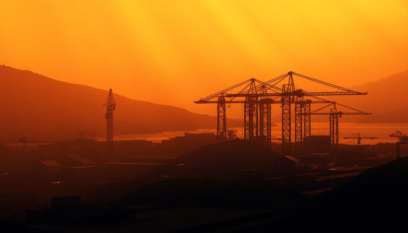 A serene, cinematic painting depicting the Anaklia port construction site, with the warm glow of the sun casting long shadows across the scene, conveying a sense of quiet tension and geopolitical significance.
