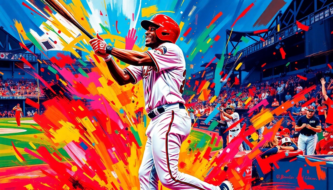 An abstract, energetic painting in neon colors depicting the powerful swing and celebratory emotion of a baseball player hitting a game-winning home run.