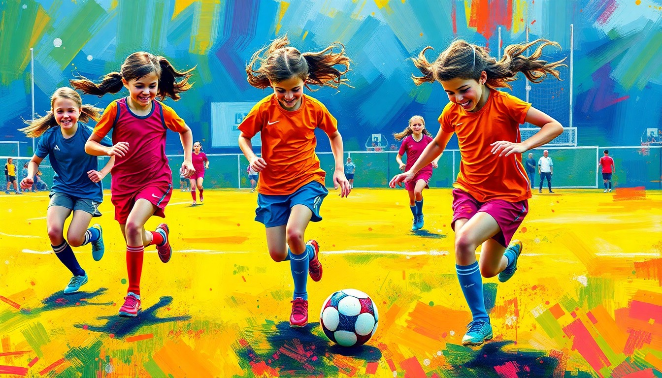 An abstract, expressionist painting in vibrant neon colors depicting the dynamic movement and energy of young girls playing soccer, with faces and figures dissolved into colorful brushstrokes.