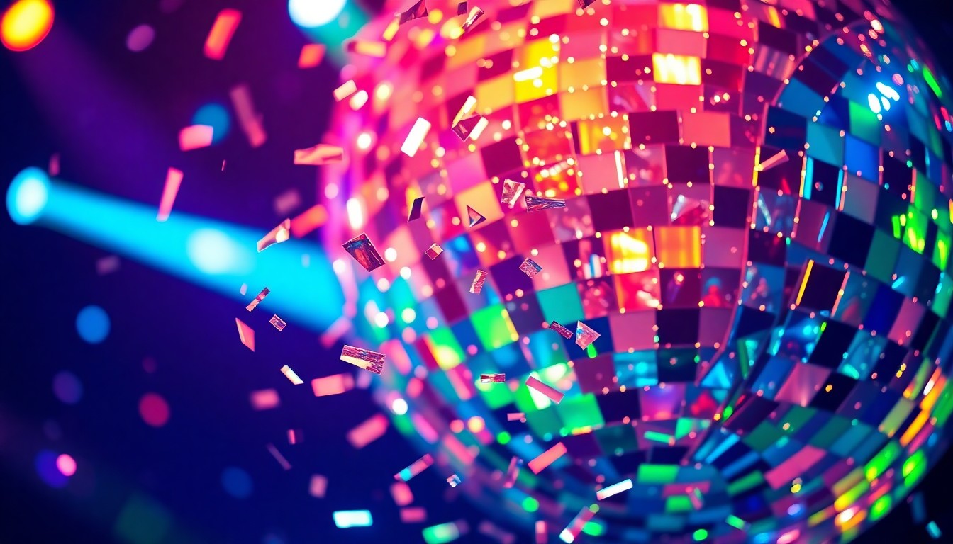 An abstract close-up photograph featuring shattered pieces of a disco ball reflecting colorful stage lights, conveying the high-energy atmosphere of a live music event.