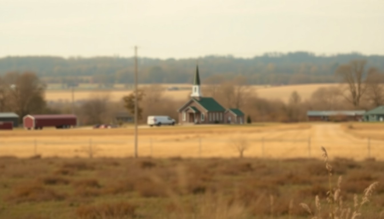 A blurred, dreamlike photograph of a small town church in a rural Arkansas landscape, with soft, warm colors and a sense of nostalgia and community.