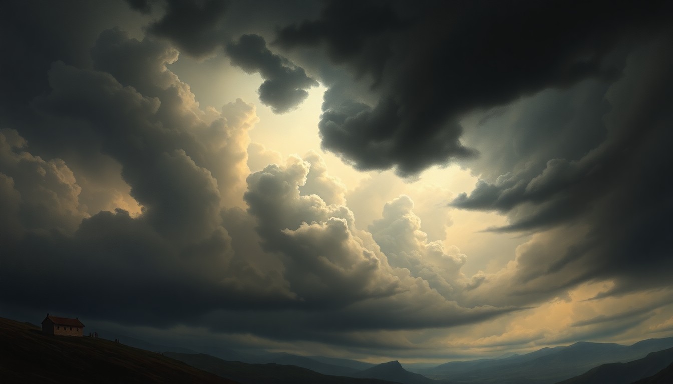 A sweeping, atmospheric landscape painting in muted tones of grey, blue, and green, with a massive, looming storm cloud dominating the frame and dwarfing the small structures and trees in the foreground, conveying the overwhelming scale and power of an impending severe weather event.