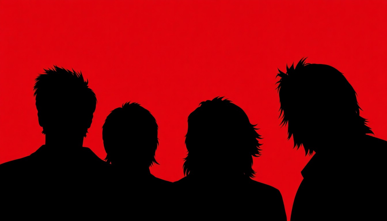 An abstract, minimalist illustration featuring sharp, jagged black silhouettes representing the members of the band Journey, set against a striking red and white background, conveying the energy and emotion of the band's final tour.