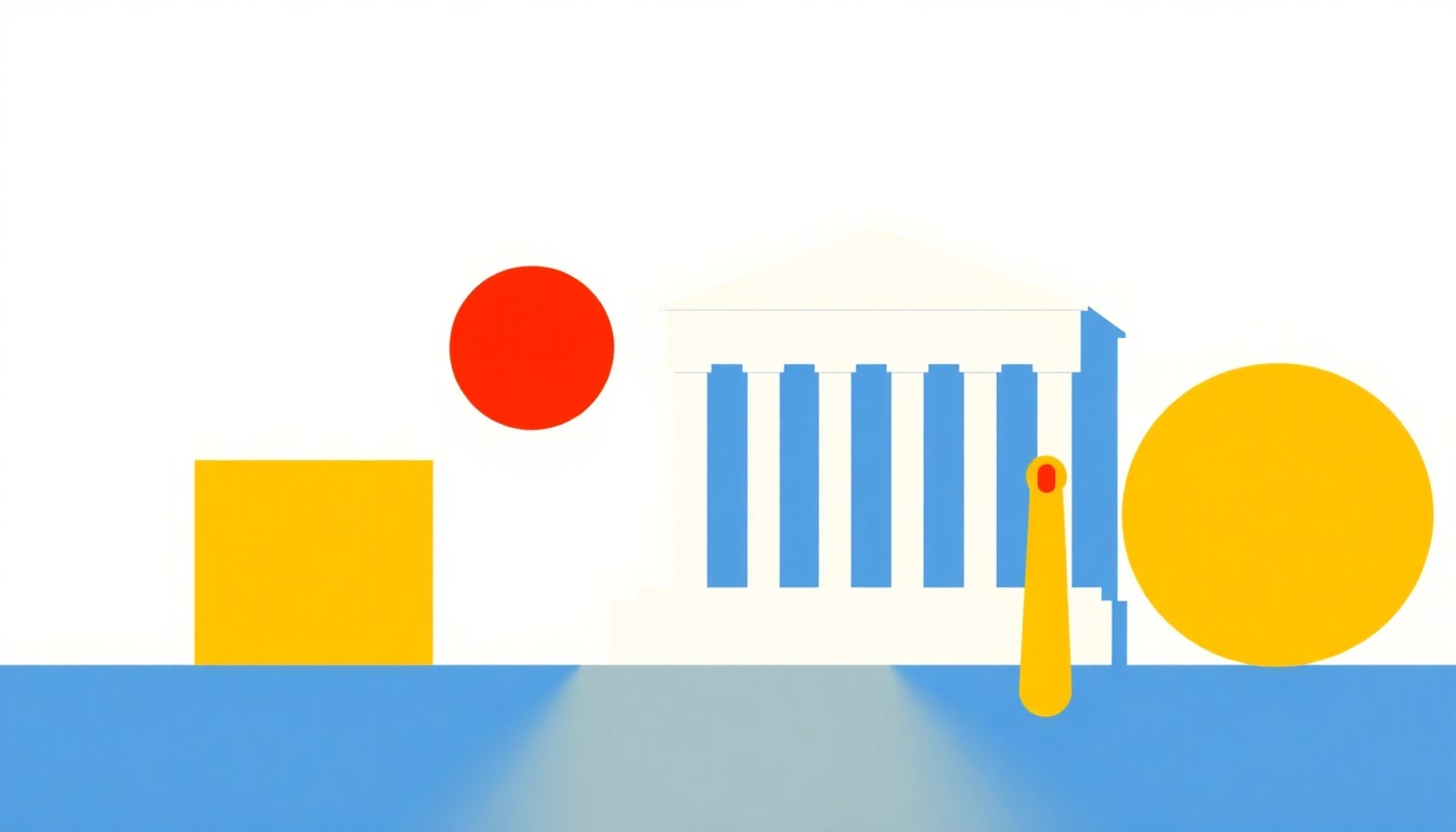 A composition of overlapping triangles and rectangles in shades of blue, red, and yellow, conceptually representing the limited control the Federal Reserve has over energy market dynamics.