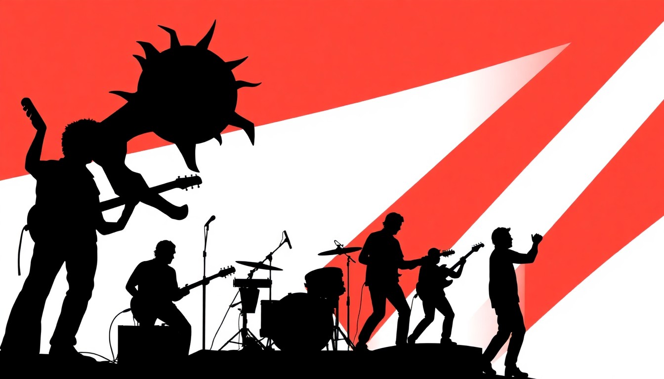 A striking, abstract illustration composed of black silhouettes of guitars, drums, and other musical elements, set against a bold red and white background, conceptually representing the energy and excitement of a live music performance.