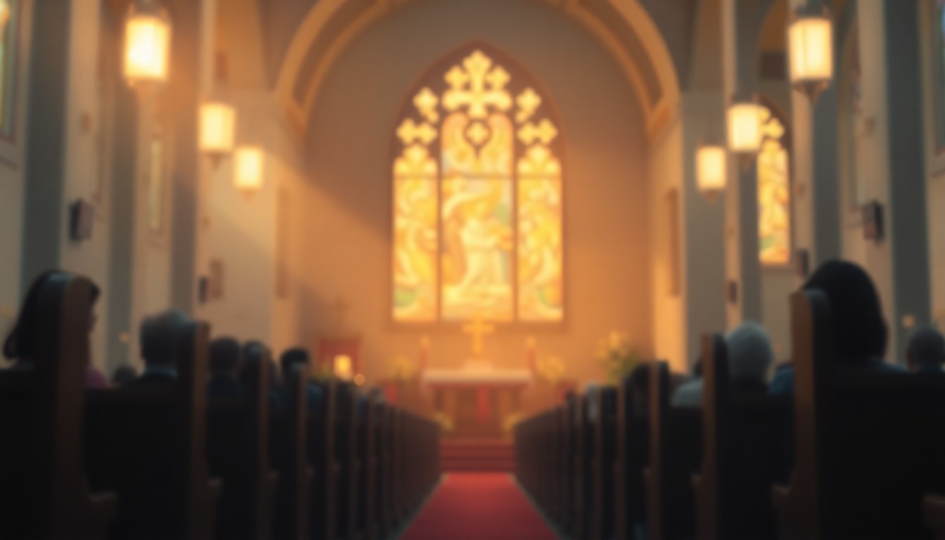 An extremely abstracted, out-of-focus photograph of a church interior bathed in warm, glowing light, conceptually representing the solemn atmosphere of a funeral service.