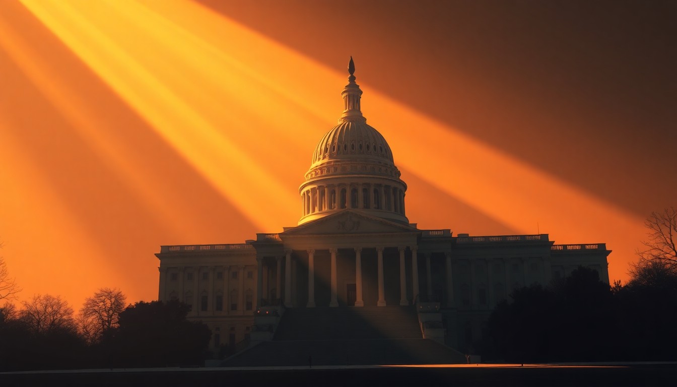 A serene, cinematic painting of the U.S. Capitol building in warm, golden light, conveying a sense of political tension and the need for ethical reform.