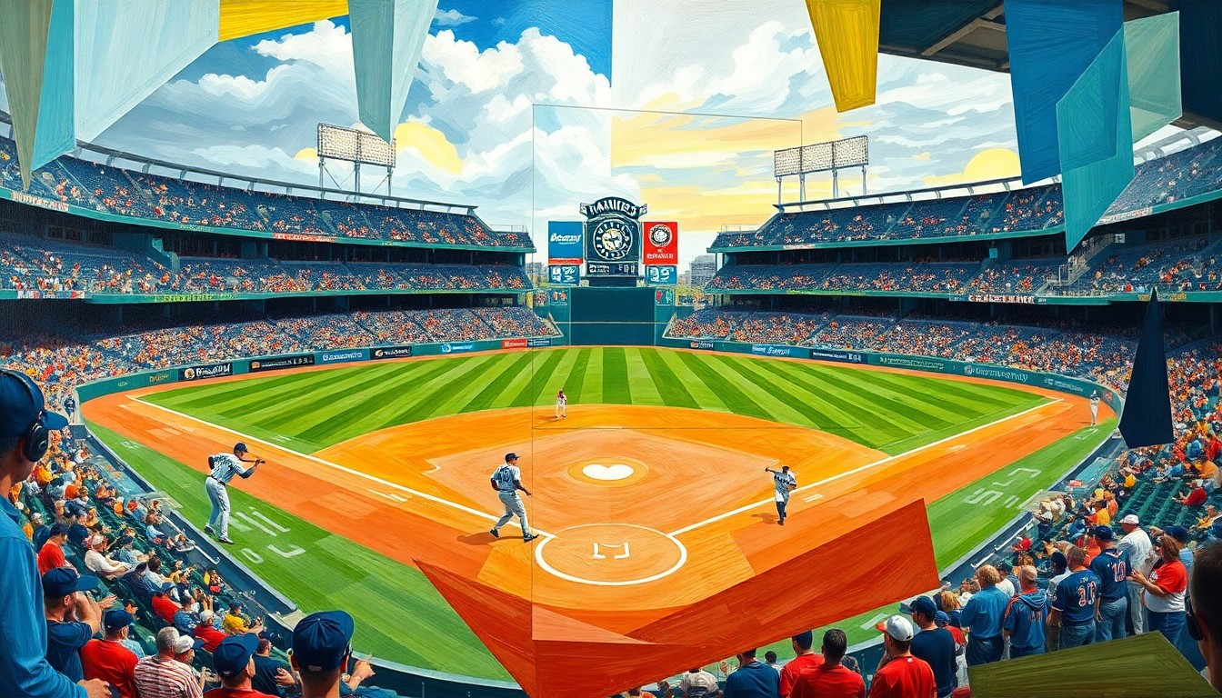 A cubist, geometric painting depicting a baseball game in abstract, fragmented shapes and planes of color, capturing the energy and movement of the sport without any identifiable players or teams.