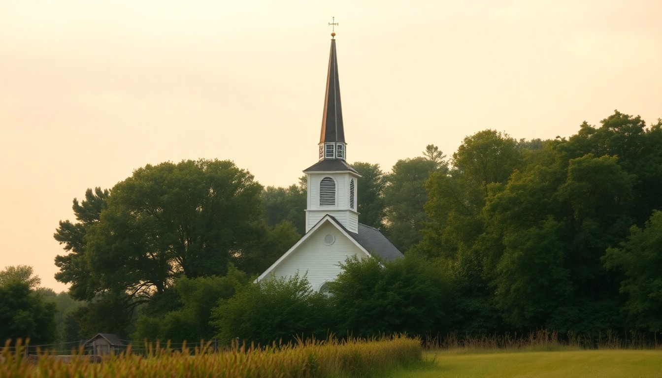 An extremely abstracted, out-of-focus photograph in warm, muted tones depicting the blurred outline of a rural church steeple surrounded by lush greenery, conveying a sense of tranquility and the honoring of a community member's life.