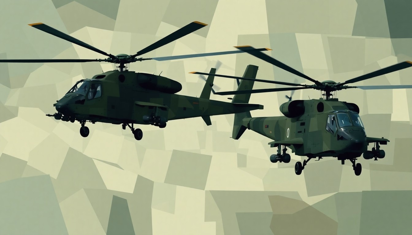 A fractured, abstract painting of two military helicopters in flight, their forms repeated in overlapping geometric shapes and waves of muted military colors, conveying a sense of speed and motion.
