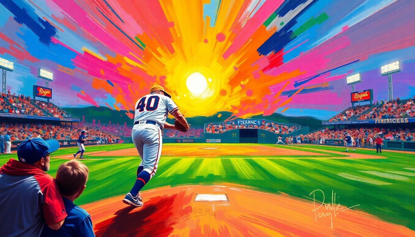 An abstract, expressionist painting in vibrant neon colors, capturing the raw energy and emotion of a young boy throwing a perfect first pitch at a baseball stadium, with his father's jersey number prominently featured.