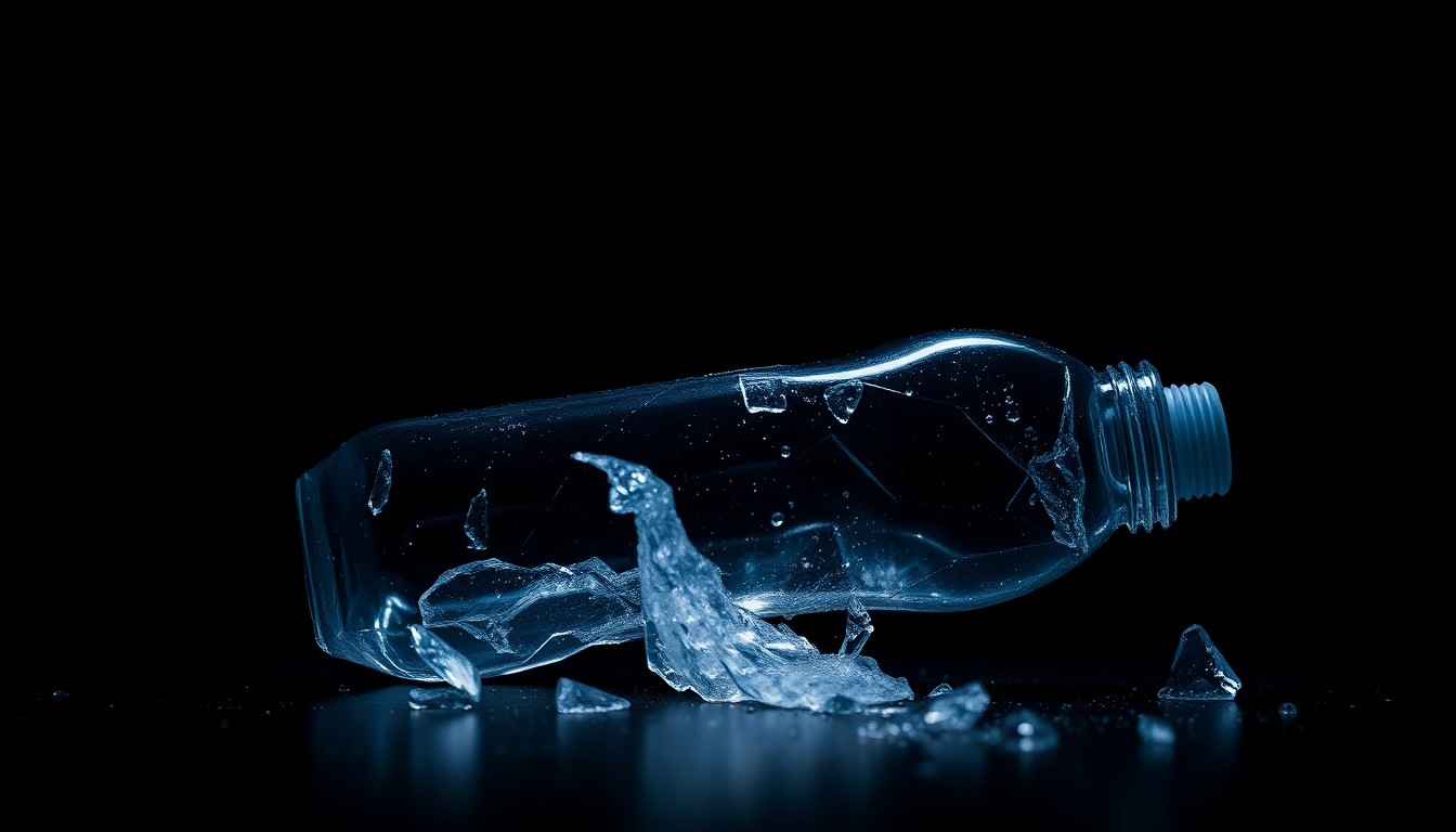 An extreme close-up photograph of a shattered water bottle against a pitch-black background, lit by a harsh, direct camera flash, conceptually representing the physical evidence in a domestic assault case.