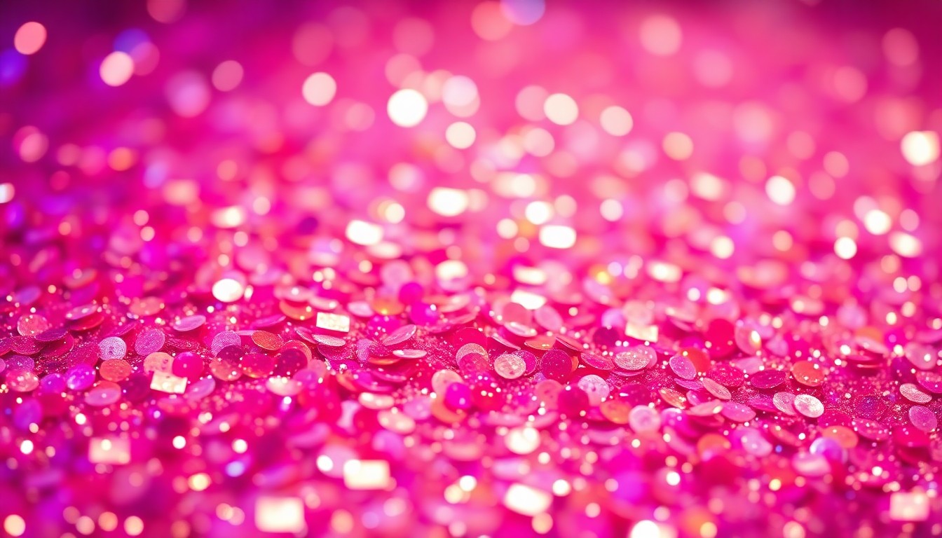 An extreme close-up photograph of shimmering, glittering sequins in vibrant shades of pink, purple, and gold, capturing the glamorous energy of a K-pop concert.