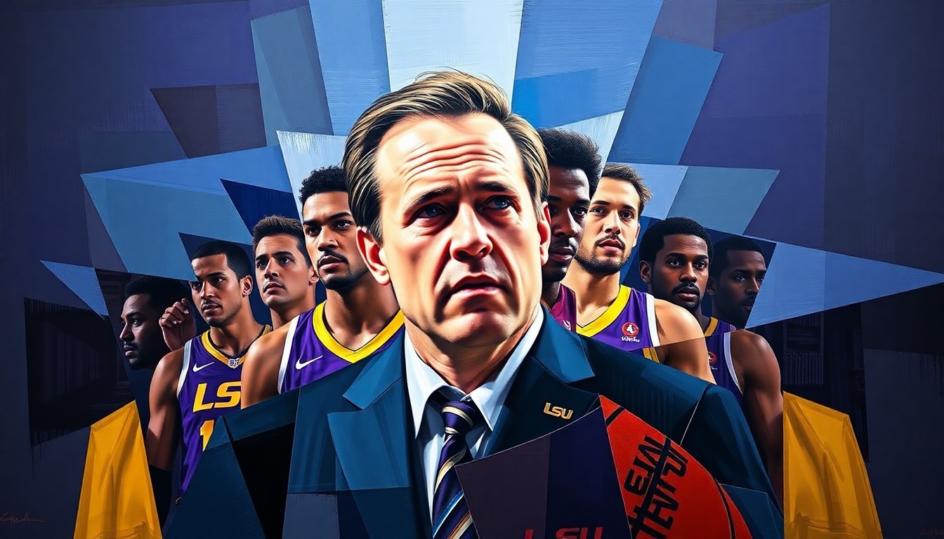 A cubist, geometric painting depicting the LSU basketball team and coach Will Wade in a fractured, multi-perspective style, capturing the dynamic energy and uncertainty of his second chance with the program.
