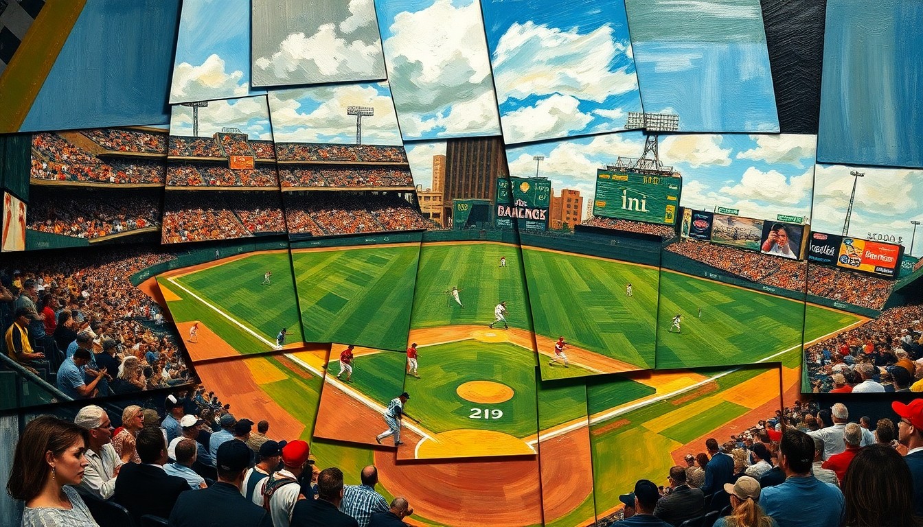 A fragmented, geometric painting depicting the dynamic motion and energy of a baseball game, with the players and field abstracted into sharp, overlapping planes of color and form, representing the Athletics' offensive and pitching struggles in their opening series.