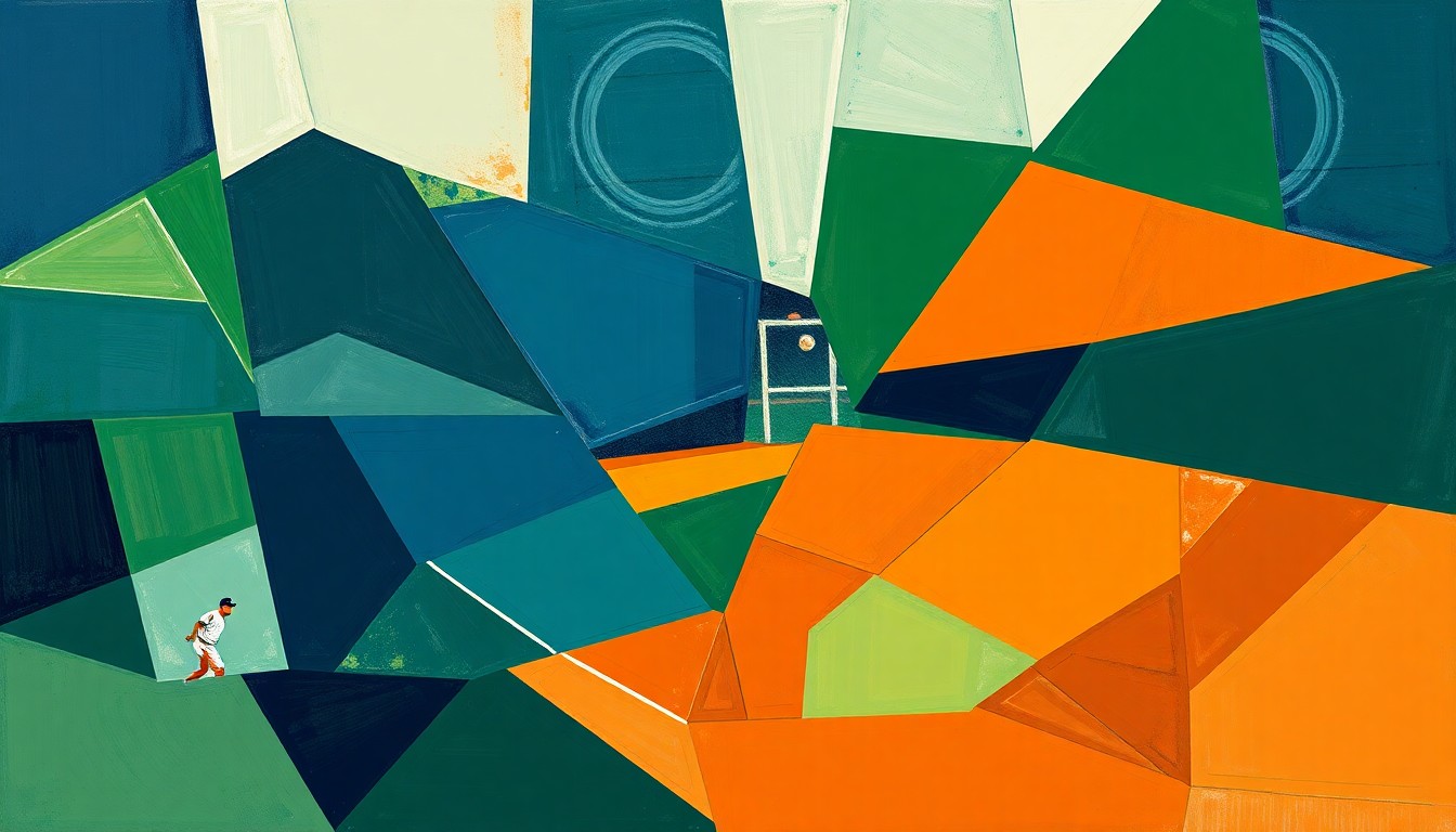 A cubist, geometric painting depicting a baseball game or match broken down into sharp, overlapping planes of navy blue, forest green, and burnt orange, conveying the fractured, multi-perspective nature of the sport.