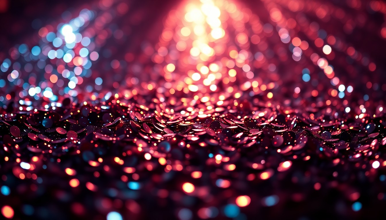 An extreme close-up photograph of shimmering sequins reflecting dramatic studio lighting, conveying the high-fashion glamour of a Las Vegas performance.