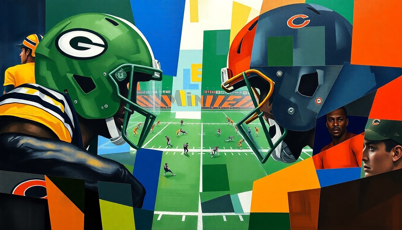 A cubist, geometric painting depicting a fractured, multi-perspective scene of a tense football game or heated locker room confrontation, using the official team colors of the Green Bay Packers and Chicago Bears to conceptually represent the high-stakes drama surrounding the Packers' struggles.