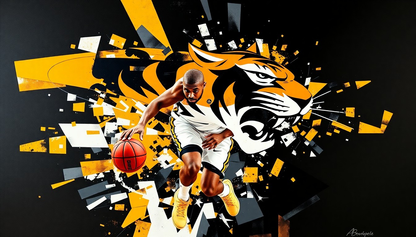 A fragmented, cubist-style painting depicting a college basketball player in motion, with sharp geometric shapes and planes in the official colors of the Missouri Tigers.
