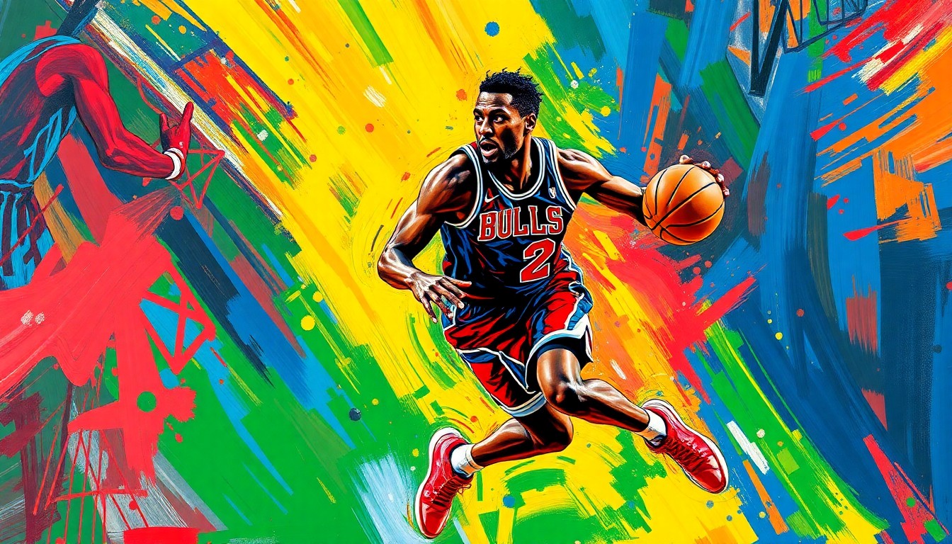 An abstract, energetic painting in neon colors depicting the dynamic movement and athleticism of a basketball player driving to the hoop, conceptually representing Jalen Williams' impact on the Thunder's offense.