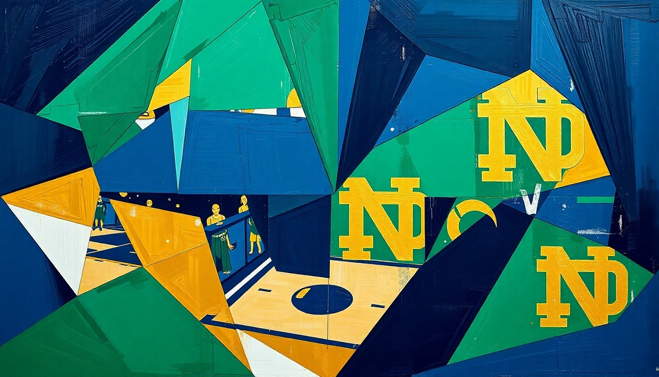 A cubist, geometric painting depicting the action and energy of a women's basketball game, with overlapping shapes and planes in navy, green, and gold colors.