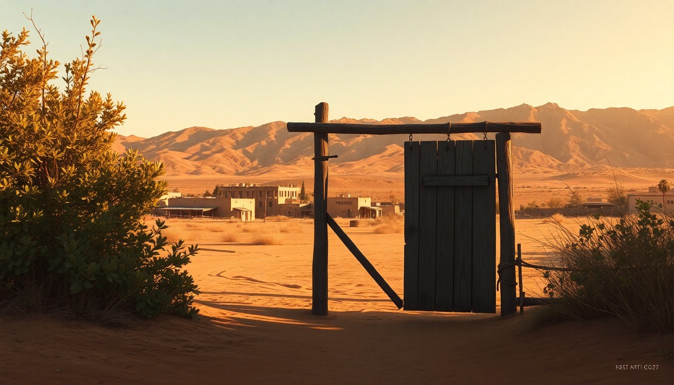 A cinematic, nostalgic painting depicting a weathered wooden gate in the foreground, partially obscured by overgrown foliage, with a cluster of simple adobe-style buildings nestled in the rugged Tehachapi Mountains in the background, bathed in warm, golden light. The scene conveys a sense of isolation and the weight of history.
