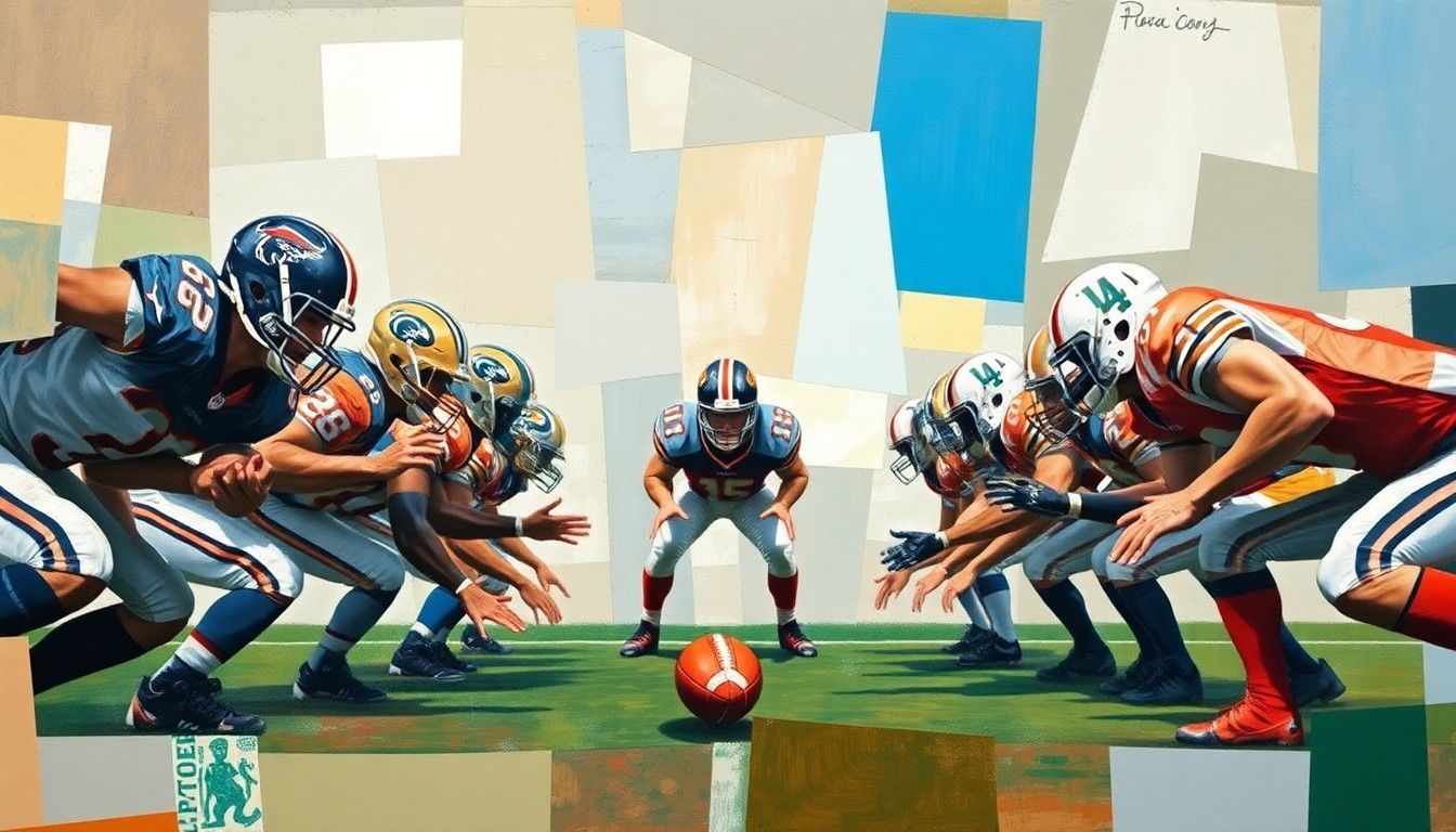 A cubist, geometric painting depicting the fragmented forms of football players on an offensive line, conveying the intense competition for elite linemen in college football recruiting.
