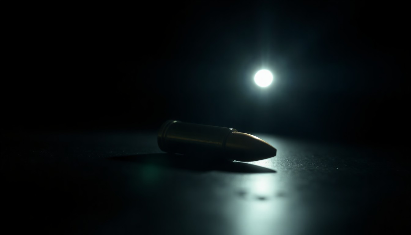 An extreme close-up photograph of a single spent bullet casing on a dark, shadowy surface, lit by a harsh, direct camera flash, conceptually representing the aftermath of a violent crime.
