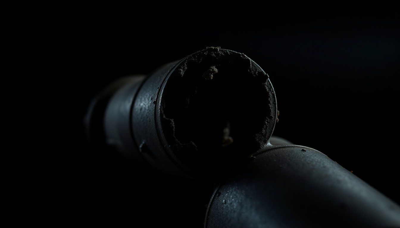 An extreme close-up photograph of a damaged industrial tool or equipment part, lit by a harsh, direct camera flash against a pitch-black background, conceptually illustrating the gritty details of an industrial accident.