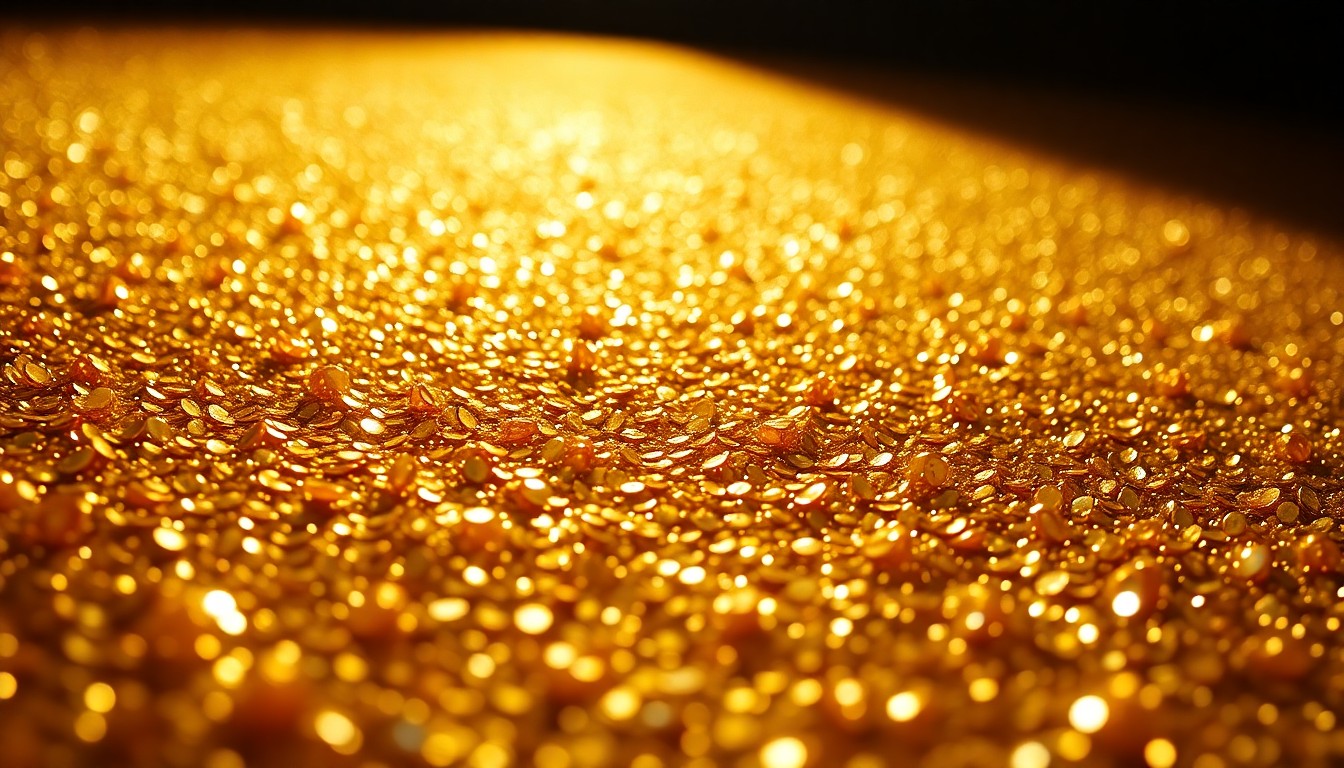 An abstract close-up photograph of shimmering gold sequins, capturing the luxurious, high-fashion aesthetic of a major concert event.