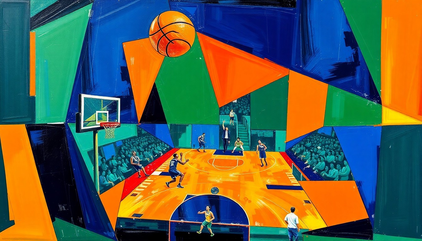 A cubist-style painting featuring fragmented, geometric shapes in shades of blue, green, and orange, conceptually representing the changes in ownership and leadership of the Portland Trail Blazers basketball team.