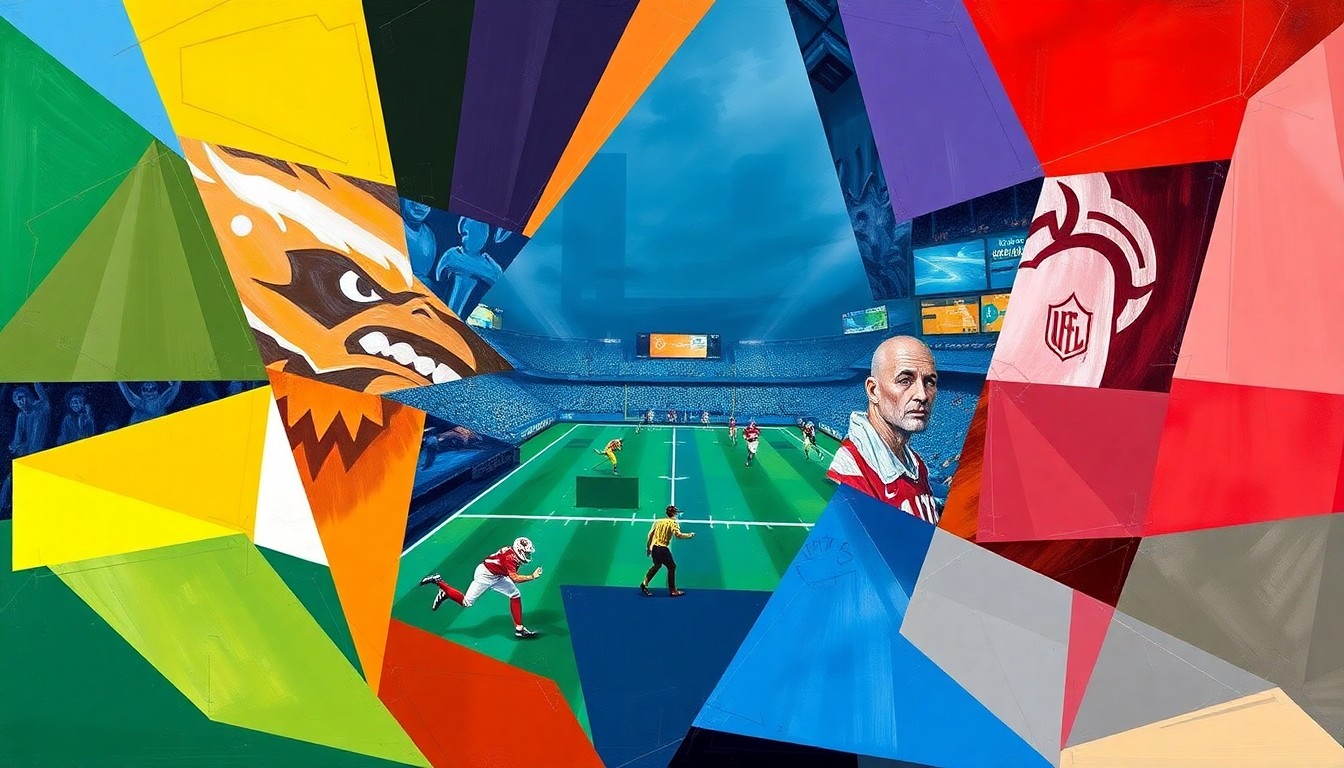 A fractured, geometric painting depicting a UFL football game, with the players and field broken down into overlapping planes of vibrant colors and shapes, capturing the dynamic energy of the sport.