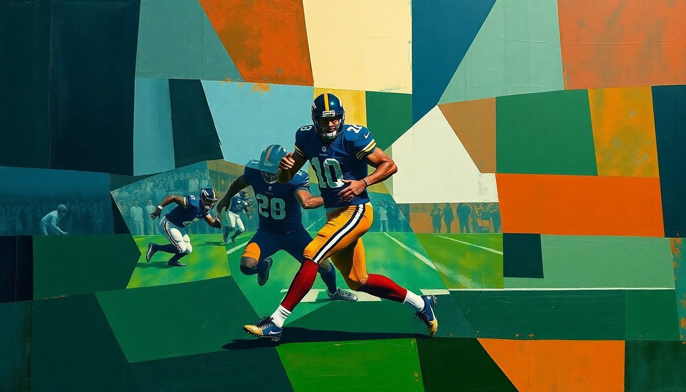 A fragmented, geometric painting in muted tones depicting a football player or game scene, conceptually representing the complicated situation surrounding Deshaun Watson and the Cleveland Browns.