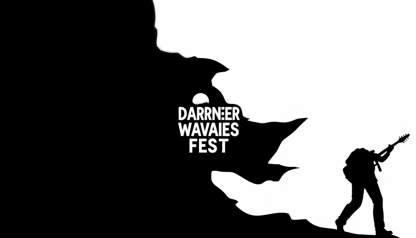 A dramatic black silhouette of a guitar or microphone stand, set against a stark red background, conceptually representing the alternative rock music of the Darker Waves Fest.
