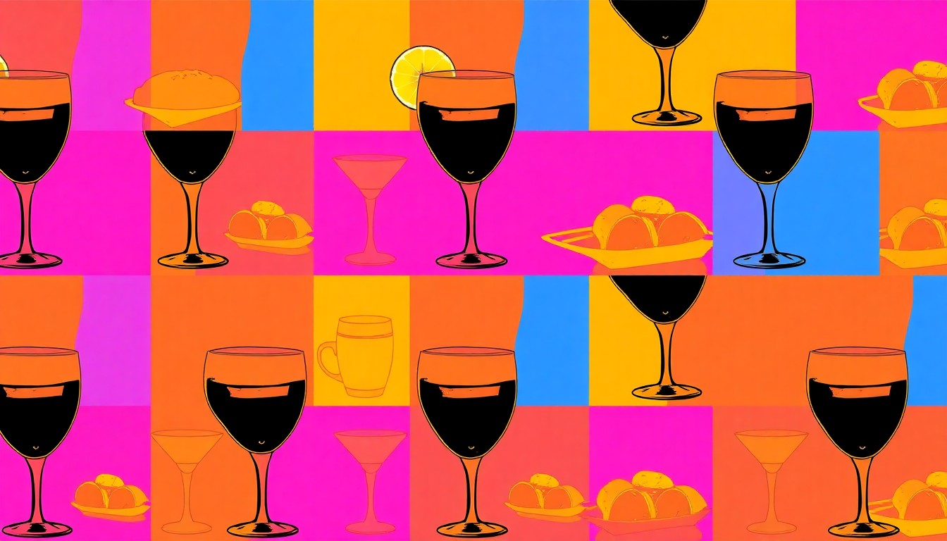 A bold, colorful silkscreen print featuring a repeated image of a signature Las Vegas food item, such as a cocktail or dessert, rendered in a vibrant, pop art style that captures the energy and creativity of the city's dining landscape.