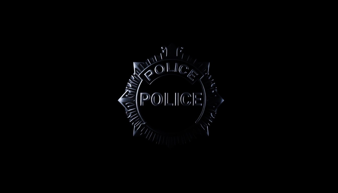 An extreme close-up photograph of a police badge against a pitch-black background, the metal surface reflecting the harsh, direct light of the camera flash, creating a stark, gritty, investigative aesthetic that conceptually represents the scrutiny of police misconduct.
