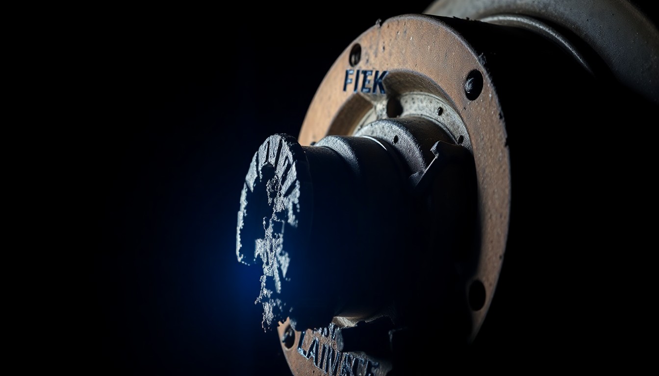 An extreme close-up of a damaged industrial machine part or piece of heavy equipment, reflecting harsh lighting and creating a stark, gritty, investigative aesthetic that conceptually represents the investigation into a fatal workplace accident.