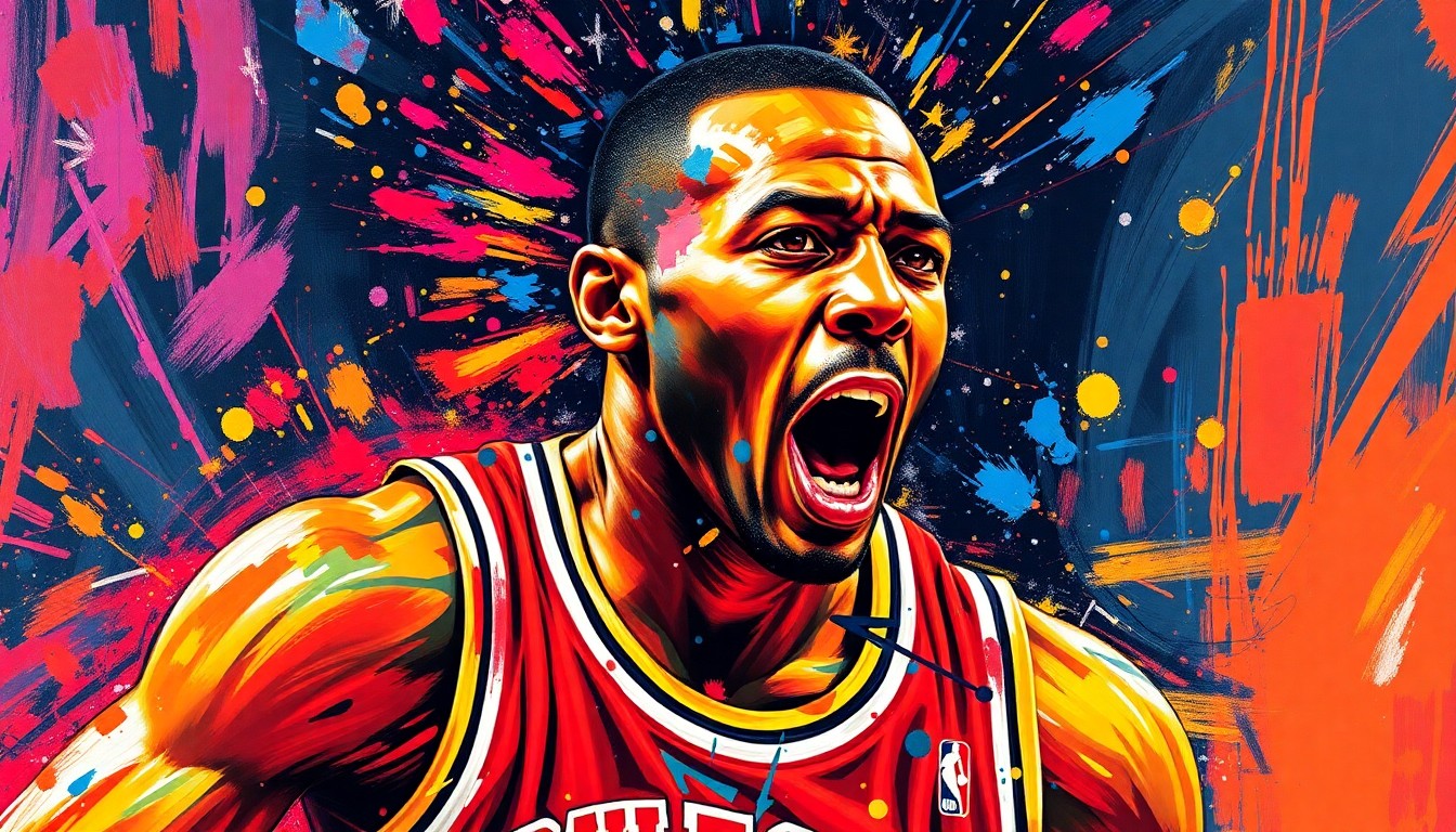An abstract, energetic painting featuring bold brushstrokes and neon colors that evoke the passion and excitement of basketball, conceptually representing a player's connection to the HBCU community.