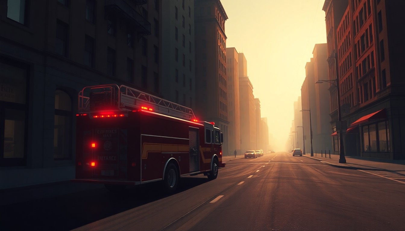 A moody, cinematic painting of a solitary fire truck parked on a quiet city street, the vehicle's chrome and red paint reflecting the warm, angled sunlight.