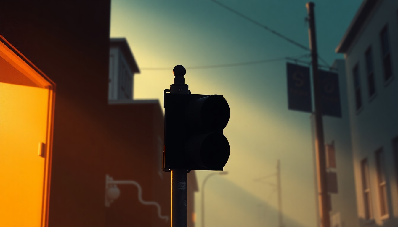 A photorealistic painting of a lone traffic signal or road sign on a quiet New Bedford street, the scene bathed in warm, golden light and deep shadows, conveying a sense of urban nostalgia and contemplation.