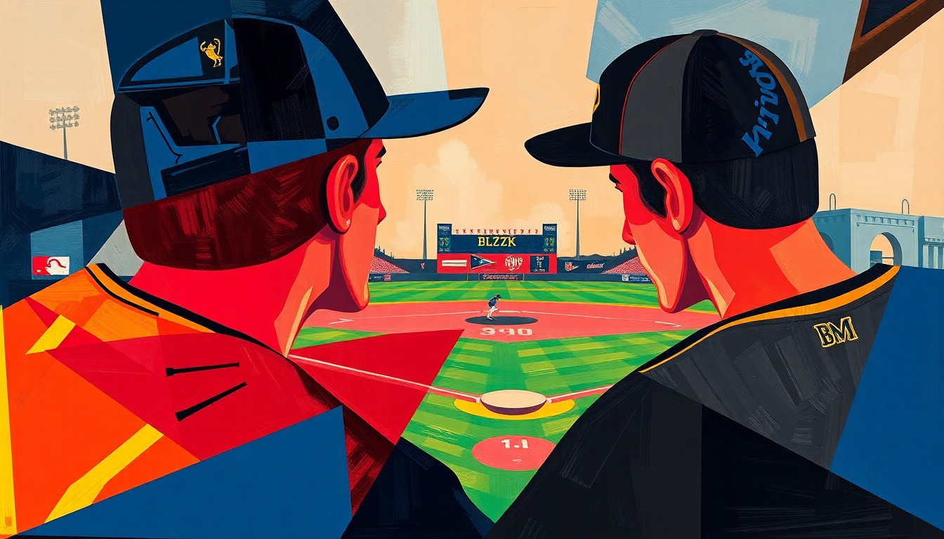 A fractured, multi-perspective painting depicting the action and energy of a high school baseball game, with sharp geometric shapes and planes in navy, crimson, and gold representing the competing teams.