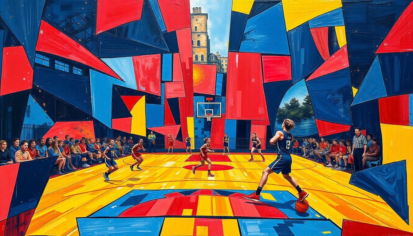 A cubist-style painting depicting a fragmented, geometric basketball game scene in a vibrant color palette, capturing the dynamic energy and skill of the region's top players.