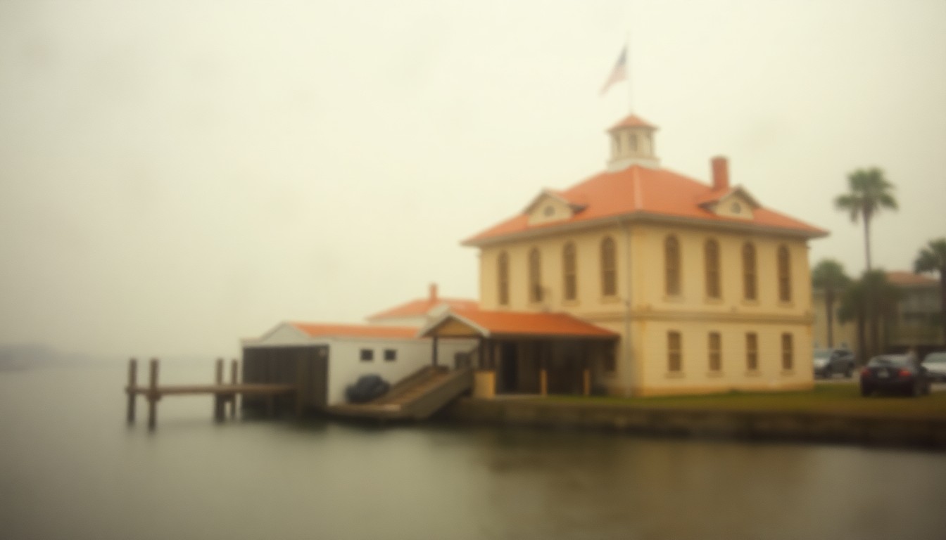 An extremely abstracted, out-of-focus photograph in warm, earthy tones, depicting a blurred, dreamlike scene of a historic landmark from the Treasure Coast region, conceptually representing the nostalgic and reflective nature of the local history series.