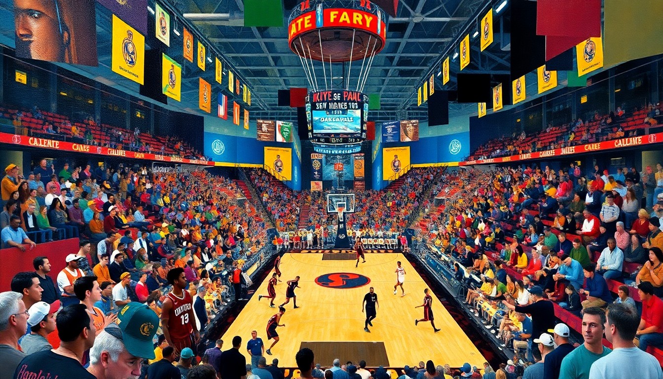 A fractured, cubist-style painting depicting the action of a college basketball game, with players, the court, and the crowd rendered in sharp, overlapping geometric shapes and planes of vibrant colors.