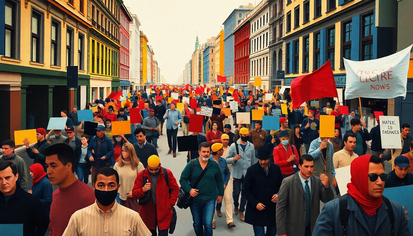 A vibrant, abstract painting depicting a crowd of protesters marching through the streets, their figures repeated in overlapping, fractured geometric shapes and waves of color.