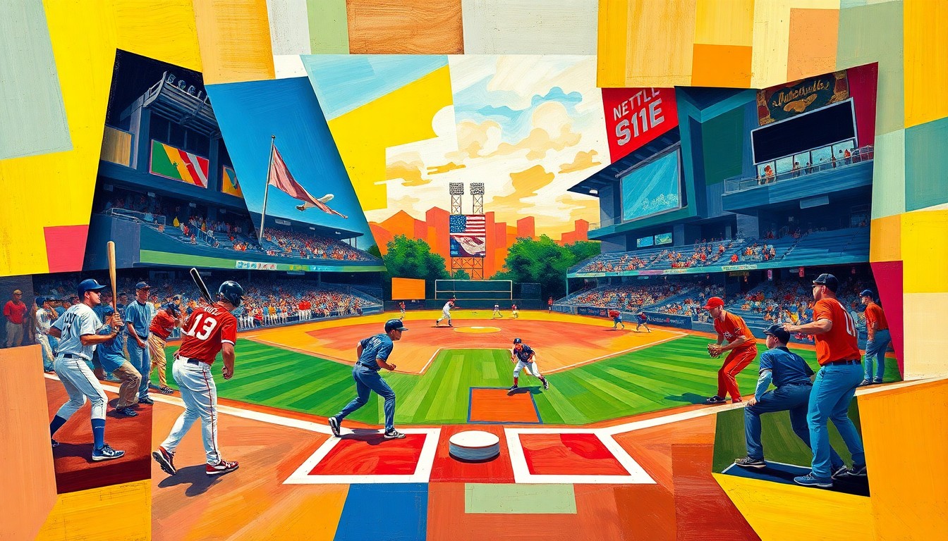 A fractured, cubist-style painting depicting a high school baseball game, with the players, field, and equipment broken down into sharp, overlapping geometric shapes and planes in a vibrant color palette.