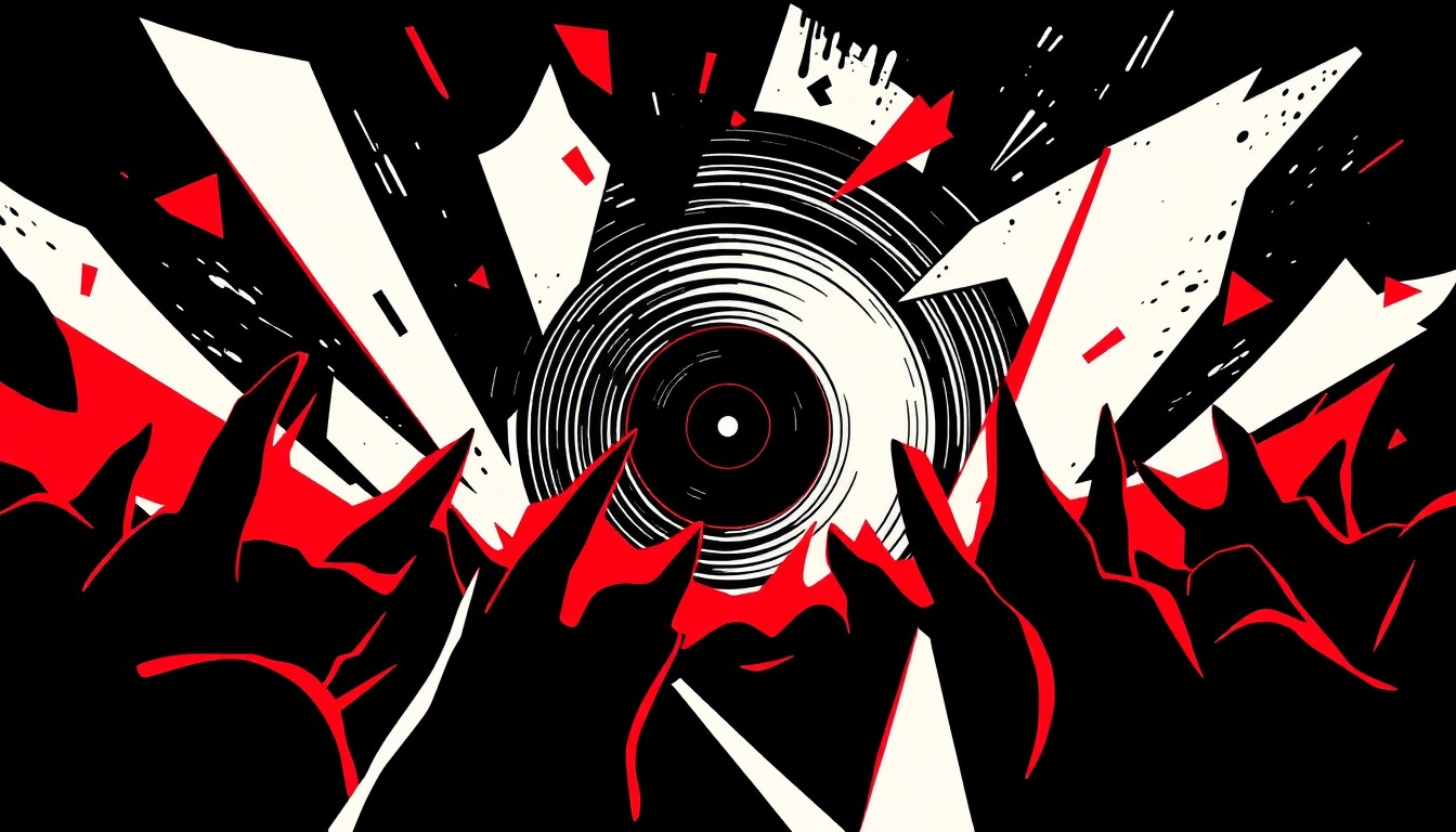 An abstract, minimalist illustration featuring sharp, angular shapes in black, white, and red, conveying the energy and excitement of a vinyl record show.