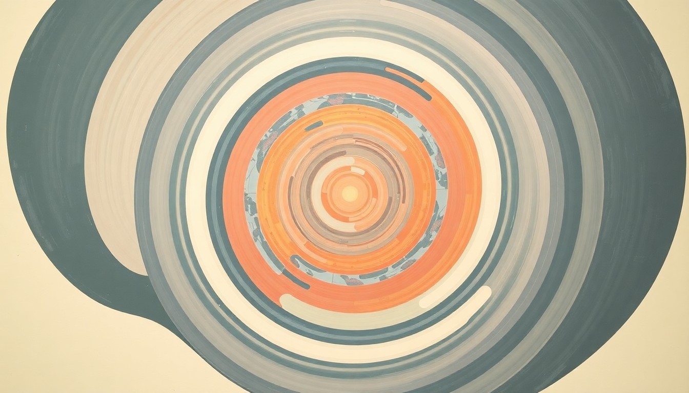 An abstract, highly structured painting in soft colors featuring sweeping geometric arcs, concentric circles, and precise botanical spirals, conceptually representing the innovative design of a 3D-printed chess board for use in space.