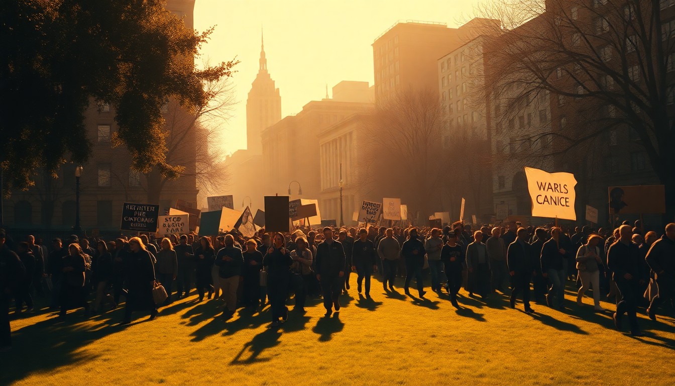 A large crowd of protesters marching through a sunlit urban park, their signs and banners casting long shadows across the grass. The scene has a sense of melancholy and civic unrest, bathed in warm, diagonal sunlight and deep shadows.