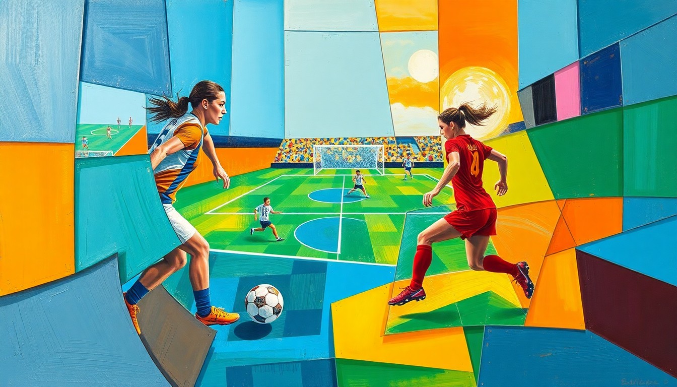 A fragmented, geometric painting in bold colors depicting the dynamic action of a women's soccer match, conveying the celebratory atmosphere of the record-setting crowd.